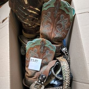 2 pair of boots. 3 western belts.